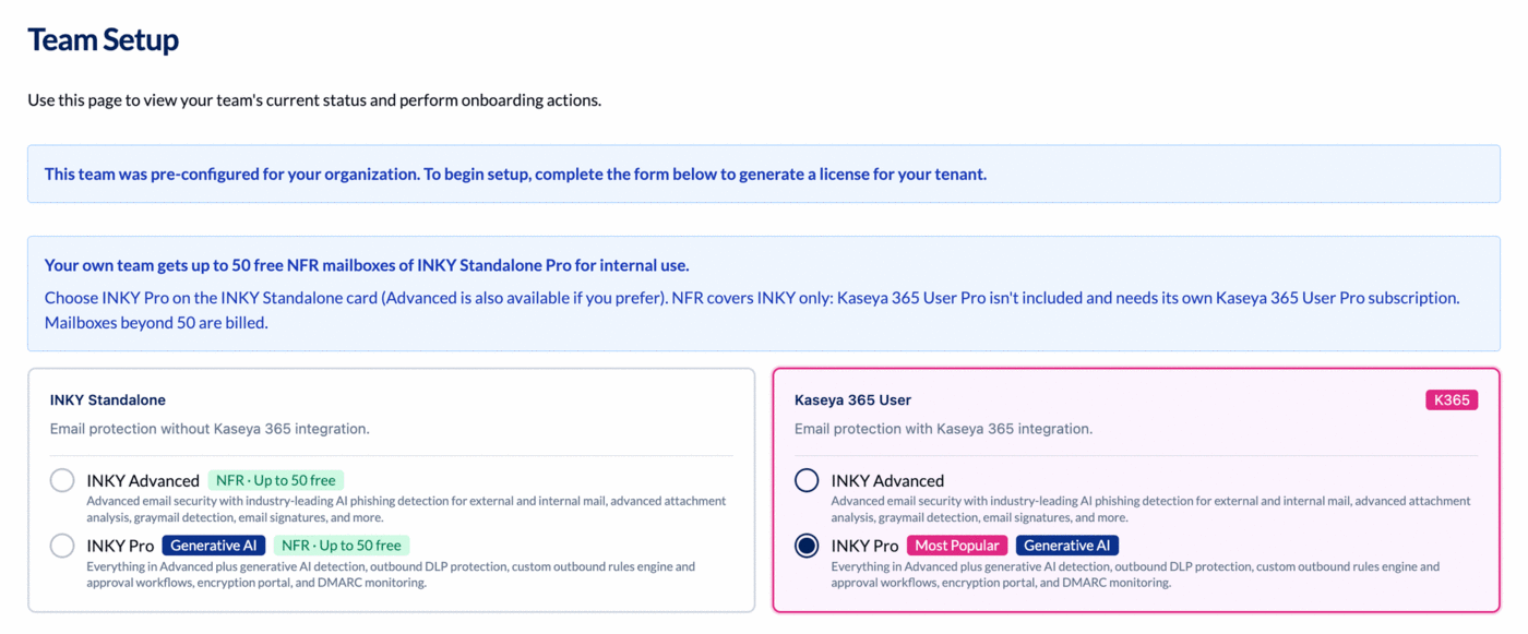 Product form showing the INKY Standalone and Kaseya 365 User cards