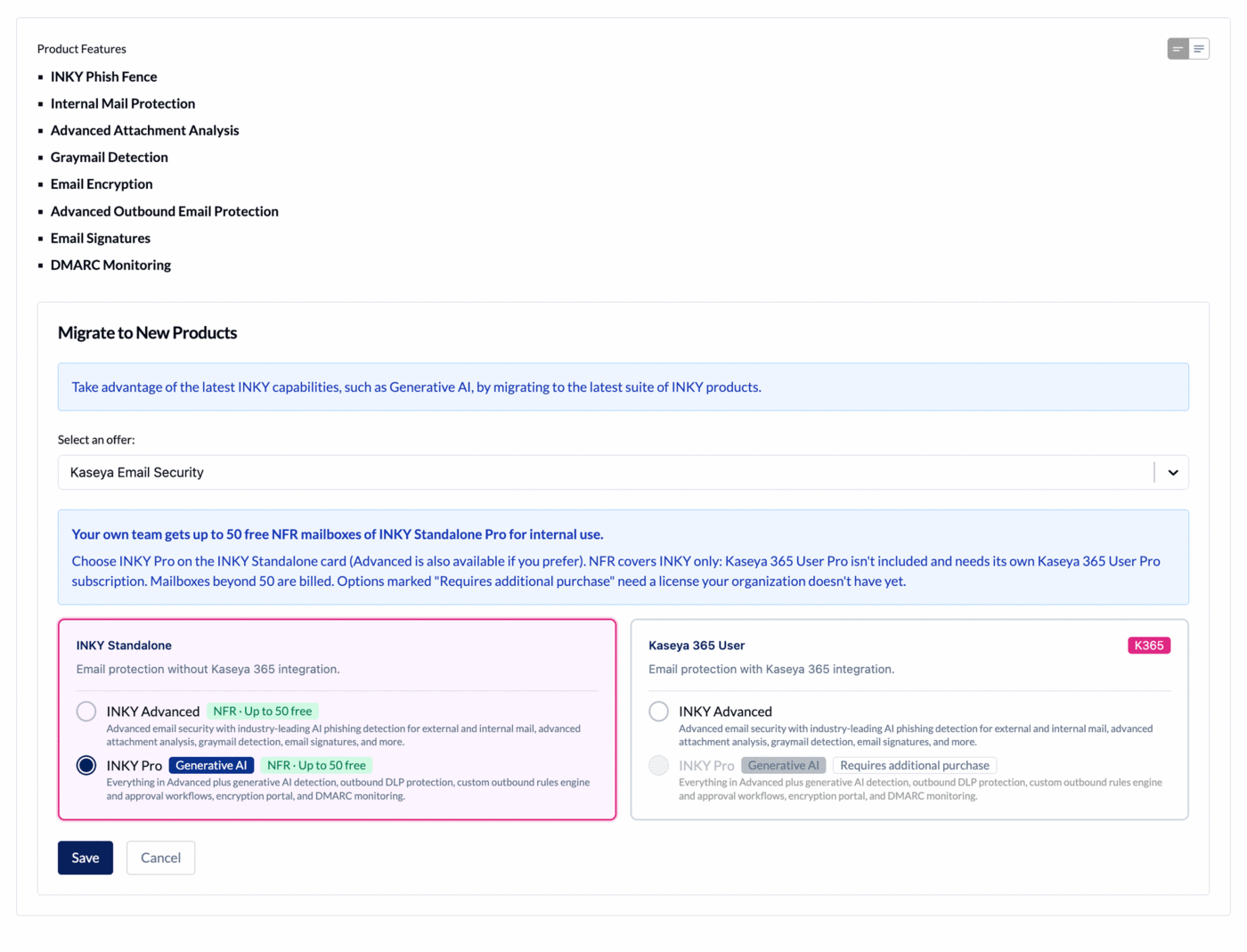 Product form on your own team, with INKY Standalone Pro selected and marked NFR · Up to 50 free