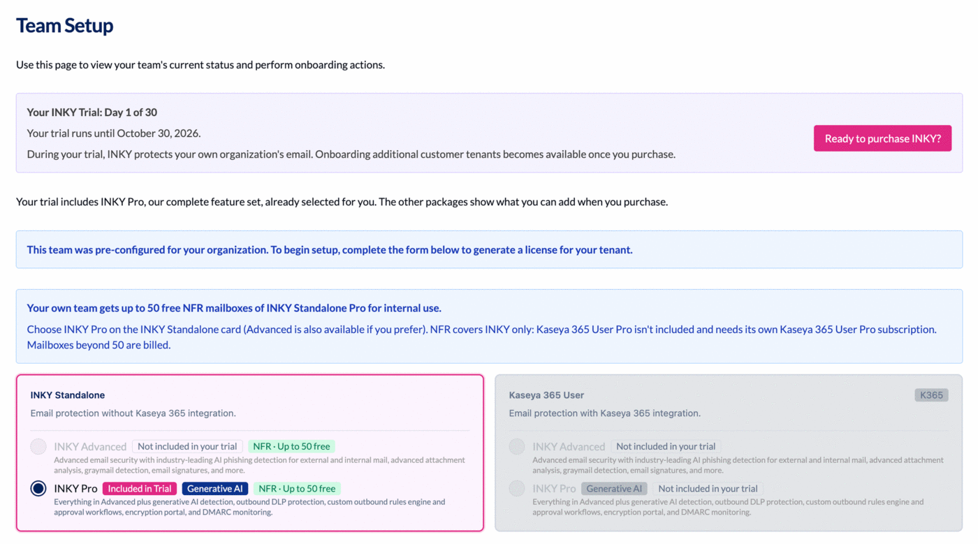 Team Setup during a trial, with INKY Pro marked Included in Trial and the other packages marked Not included in your trial